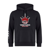 The Chattanooga Queens Rugby Club Hoodie by WRS Canterbury is a black rugby hoodie with a red and white crown logo, "Nooga Queens Women's Rugby" on the front, and white sleeve stripes—ideal for any rugby team.