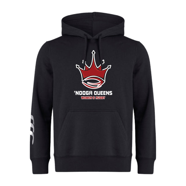 The Chattanooga Queens Rugby Club Hoodie by WRS Canterbury is a black rugby hoodie with a red and white crown logo, "Nooga Queens Women's Rugby" on the front, and white sleeve stripes—ideal for any rugby team.