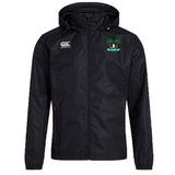 The Twin Island Rugby Club Vaposhield Full Zip Rain Jacket by EMB Canterbury is a black hooded rain jacket with a front zipper, white Canterbury logo on the right chest, and palm tree island emblem on the left, made with water-resistant VapoShield technology.