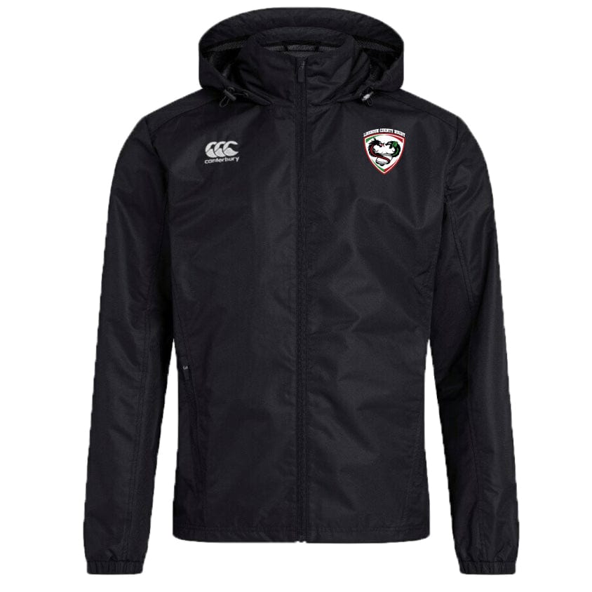 The Loudoun Club Vaposhield Full Zip Rain Jacket by EMB Canterbury, available in black, showcases a chest logo and the distinctive Canterbury logo on the opposite side. Designed specifically as a Rugby Club Rain Jacket with VapoShield technology, it provides outstanding water resistance for unpredictable weather conditions.
