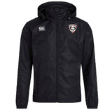 The Loudoun Club Vaposhield Full Zip Rain Jacket by EMB Canterbury, available in black, showcases a chest logo and the distinctive Canterbury logo on the opposite side. Designed specifically as a Rugby Club Rain Jacket with VapoShield technology, it provides outstanding water resistance for unpredictable weather conditions.