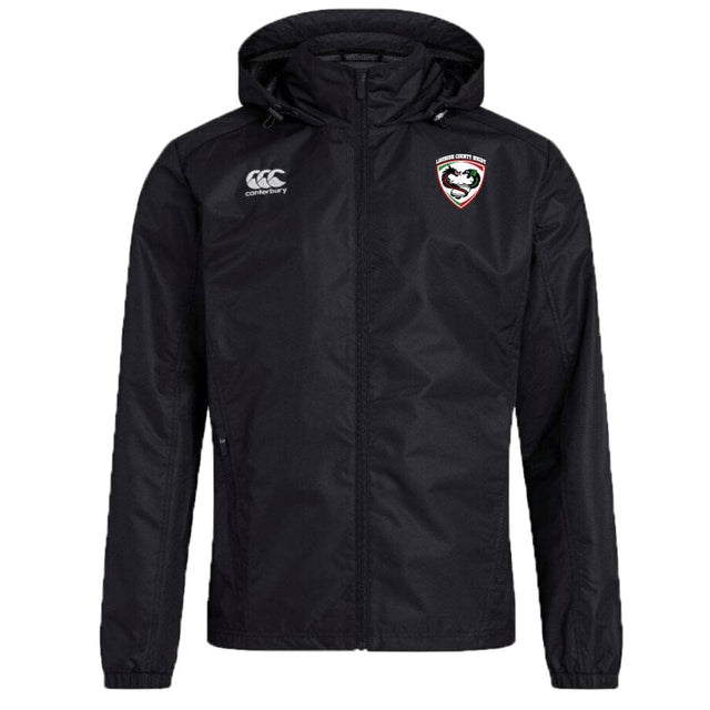The Loudoun Club Vaposhield Full Zip Rain Jacket by EMB Canterbury, available in black, showcases a chest logo and the distinctive Canterbury logo on the opposite side. Designed specifically as a Rugby Club Rain Jacket with VapoShield technology, it provides outstanding water resistance for unpredictable weather conditions.
