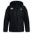 The Twin Island Rugby Club Vaposhield Stadium Jacket by EMB Canterbury features a black hood, right chest logo, and green palm tree with boat emblem on the left. Shown on white, this water-repellent jacket is ideal for unpredictable weather.