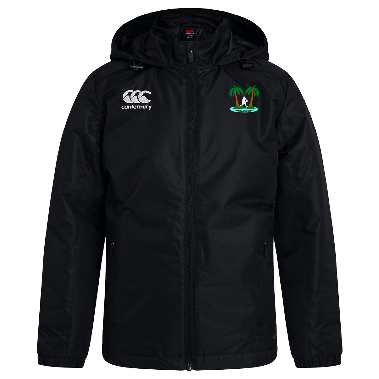 The Twin Island Rugby Club Vaposhield Stadium Jacket by EMB Canterbury features a black hood, right chest logo, and green palm tree with boat emblem on the left. Shown on white, this water-repellent jacket is ideal for unpredictable weather.