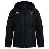 The Twin Island Rugby Club Vaposhield Stadium Jacket by EMB Canterbury features a black hood, right chest logo, and green palm tree with boat emblem on the left. Shown on white, this water-repellent jacket is ideal for unpredictable weather.