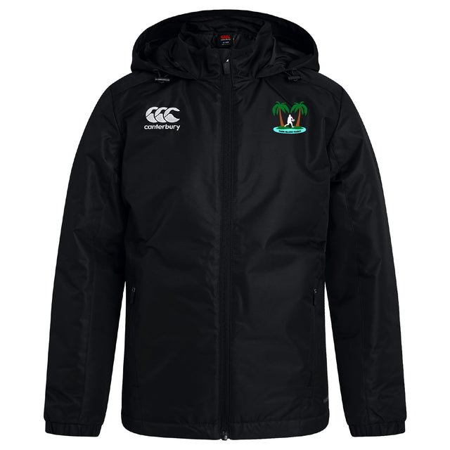 The Twin Island Rugby Club Vaposhield Stadium Jacket by EMB Canterbury features a black hood, right chest logo, and green palm tree with boat emblem on the left. Shown on white, this water-repellent jacket is ideal for unpredictable weather.
