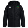 The Twin Island Rugby Club Vaposhield Stadium Jacket by EMB Canterbury features a black hood, right chest logo, and green palm tree with boat emblem on the left. Shown on white, this water-repellent jacket is ideal for unpredictable weather.