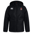 The EMB Canterbury Chattanooga Queens Rugby Club Vaposhield Full Zip Rain Jacket features a front zipper, Canterbury logo on the right chest, crown emblem with "Rodez Rugby" on the left, and water-resistant VapoShield fabric.