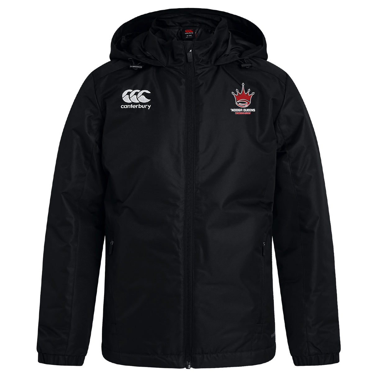 The EMB Canterbury Chattanooga Queens Rugby Club Vaposhield Full Zip Rain Jacket features a front zipper, Canterbury logo on the right chest, crown emblem with "Rodez Rugby" on the left, and water-resistant VapoShield fabric.