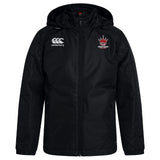 The EMB Canterbury Chattanooga Queens Rugby Club Vaposhield Full Zip Rain Jacket features a front zipper, Canterbury logo on the right chest, crown emblem with "Rodez Rugby" on the left, and water-resistant VapoShield fabric.