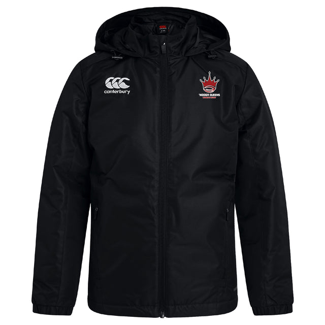 The EMB Canterbury Chattanooga Queens Rugby Club Vaposhield Full Zip Rain Jacket features a front zipper, Canterbury logo on the right chest, crown emblem with "Rodez Rugby" on the left, and water-resistant VapoShield fabric.