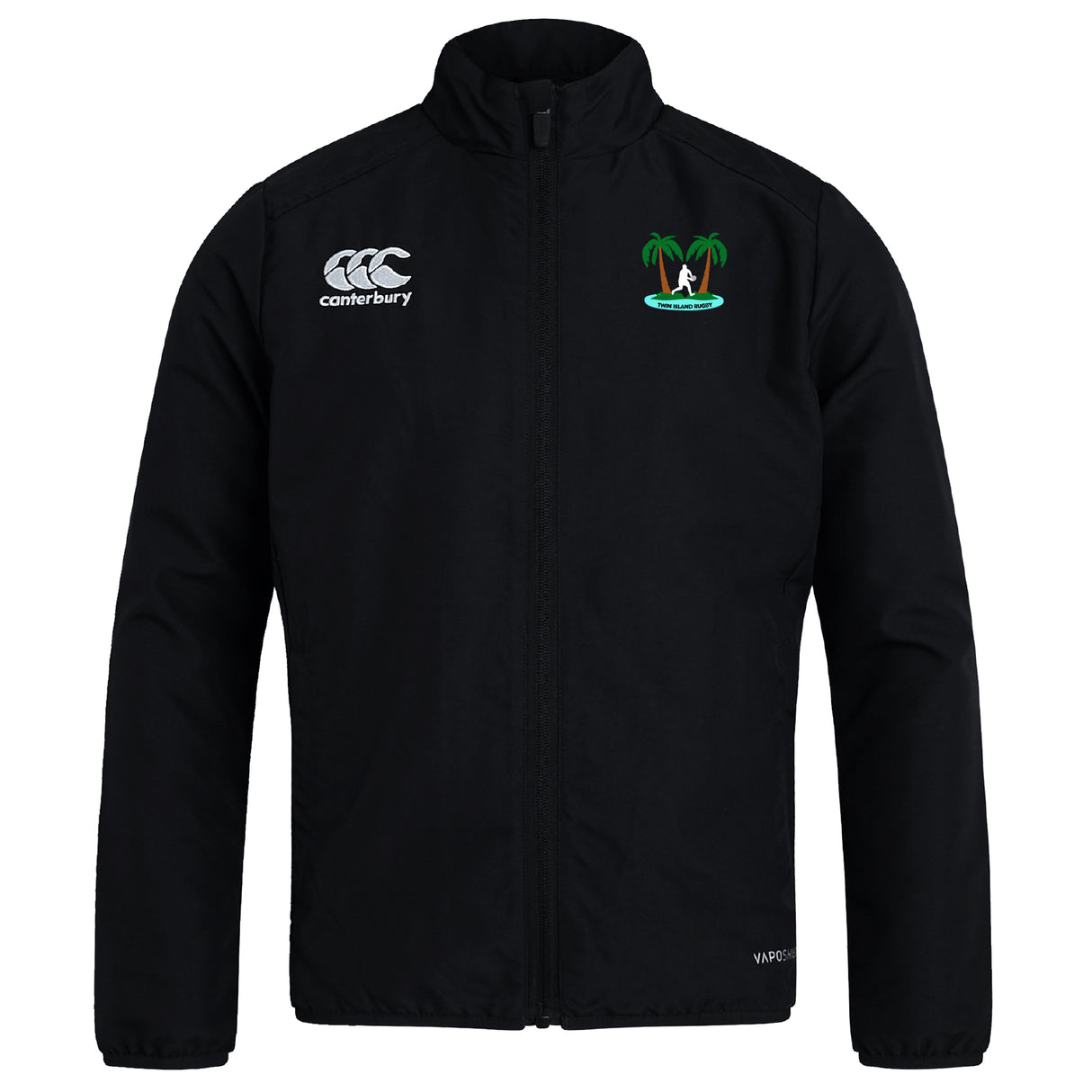 The Twin Island Rugby Club Track Jacket by EMB Canterbury is a lightweight black jacket with a high collar, the Canterbury logo on the right chest, and a palm tree emblem on the left.