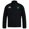 The Twin Island Rugby Club Track Jacket by EMB Canterbury is a lightweight black jacket with a high collar, the Canterbury logo on the right chest, and a palm tree emblem on the left.