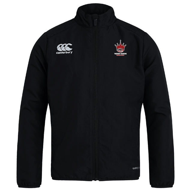 The Chattanooga Queens Rugby Club Track Jacket by EMB Canterbury is a lightweight black zip-front jacket featuring the Canterbury logo on the right chest and a crown with text logo on the left, offering sporty style and comfort.