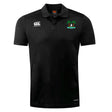 The Twin Island Rugby Club Dry Polo by EMB Canterbury is a black short-sleeve polo with a white Canterbury logo, an embroidered palm tree island graphic, and Vapodri technology for cool, breathable comfort.