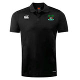 The Twin Island Rugby Club Dry Polo by EMB Canterbury is a black short-sleeve polo with a white Canterbury logo, an embroidered palm tree island graphic, and Vapodri technology for cool, breathable comfort.