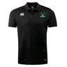 The Twin Island Rugby Club Dry Polo by EMB Canterbury is a black short-sleeve polo with a white Canterbury logo, an embroidered palm tree island graphic, and Vapodri technology for cool, breathable comfort.