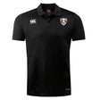 The Loudoun Club Dry Polo by EMB Canterbury is a black short-sleeved shirt with a classic collar, showcasing a tiger head logo on the chest and the Canterbury logo on the opposite side. Designed with Vapodri Technology, it ensures enhanced breathability for comfort all day long.
