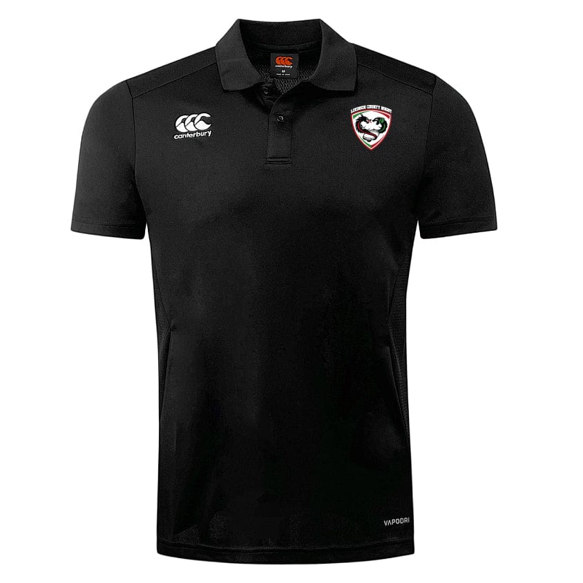 The Loudoun Club Dry Polo by EMB Canterbury is a black short-sleeved shirt with a classic collar, showcasing a tiger head logo on the chest and the Canterbury logo on the opposite side. Designed with Vapodri Technology, it ensures enhanced breathability for comfort all day long.