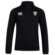 The Loudoun Club 1/4 Zip Mid Layer Training Top by Canterbury, crafted from bonded fleece fabric, boasts a modern fit in black with the Canterbury logo on the right and a club crest on the left.