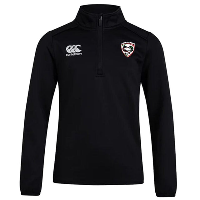The Loudoun Club 1/4 Zip Mid Layer Training Top by Canterbury, crafted from bonded fleece fabric, boasts a modern fit in black with the Canterbury logo on the right and a club crest on the left.