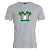 The Twin Island Rugby Club Plain Tee by WRS Canterbury is a grey cotton-blend shirt with two palm trees, a rugby player silhouette, and "TWIN ISLAND RUGBY"—a standout customizable t-shirt for any fan.