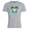 The Twin Island Rugby Club Plain Tee by WRS Canterbury is a grey cotton-blend shirt with two palm trees, a rugby player silhouette, and "TWIN ISLAND RUGBY"—a standout customizable t-shirt for any fan.