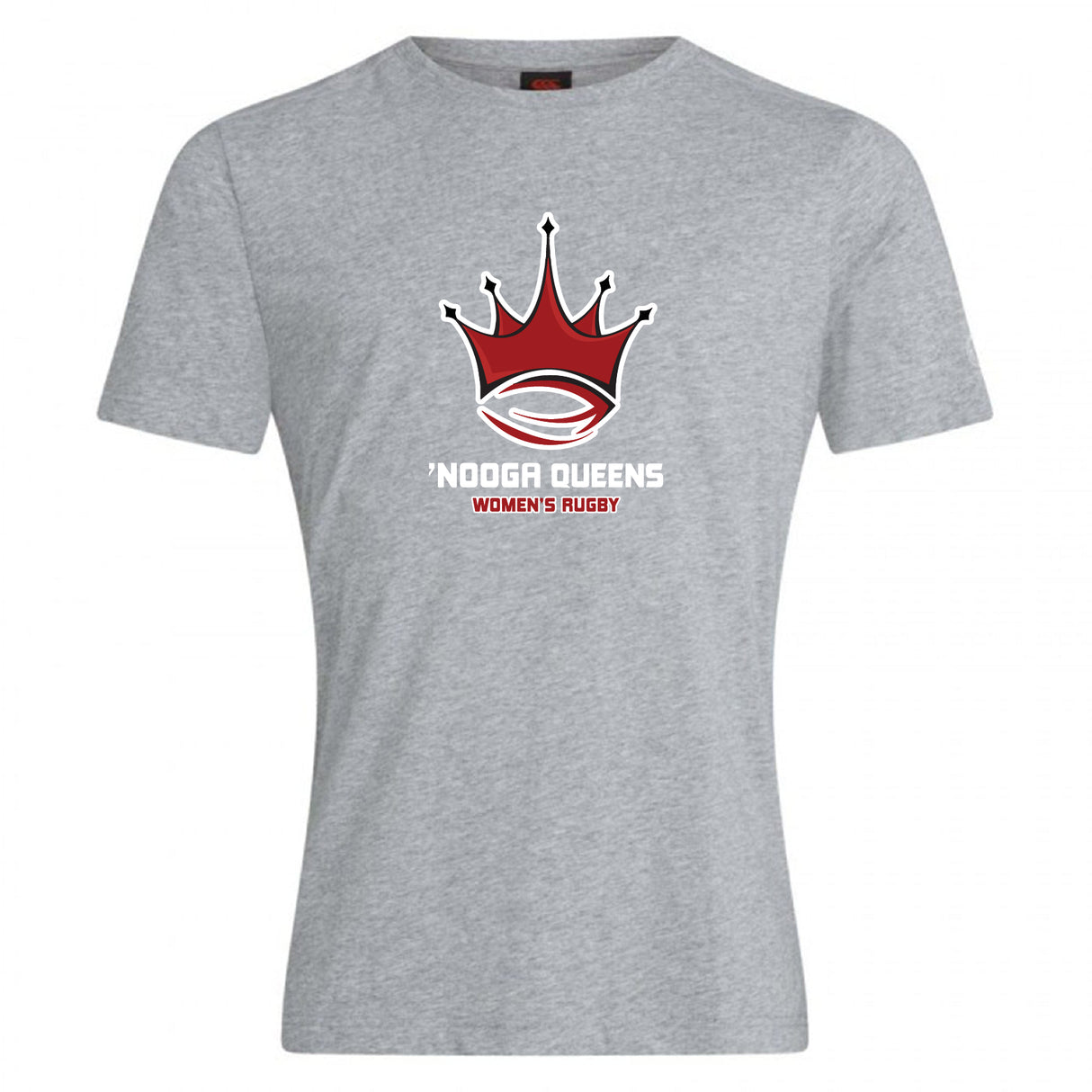 The Chattanooga Queens Rugby Club Plain Tee by WRS Canterbury is a gray cotton blend shirt with a red and black crown above a rugby ball and “‘NOOGA QUEENS WOMEN'S RUGBY” text—ideal for team spirit or casual wear.