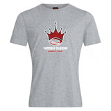 The Chattanooga Queens Rugby Club Plain Tee by WRS Canterbury is a gray cotton blend shirt with a red and black crown above a rugby ball and “‘NOOGA QUEENS WOMEN'S RUGBY” text—ideal for team spirit or casual wear.