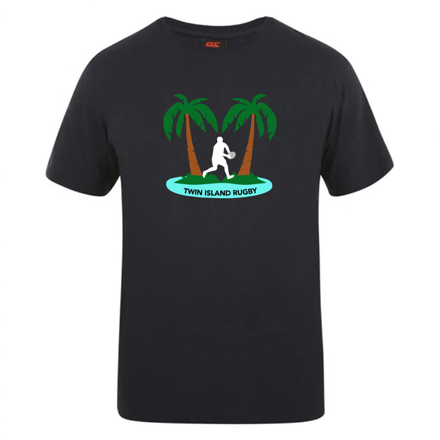 The Twin Island Rugby Club Plain Tee by Canterbury from WRS Canterbury is a black cotton blend shirt, featuring palm trees, a rugby player silhouette, and "TWIN ISLAND RUGBY"—ideal for fans seeking a customizable t-shirt.