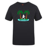 The Twin Island Rugby Club Plain Tee by Canterbury from WRS Canterbury is a black cotton blend shirt, featuring palm trees, a rugby player silhouette, and "TWIN ISLAND RUGBY"—ideal for fans seeking a customizable t-shirt.