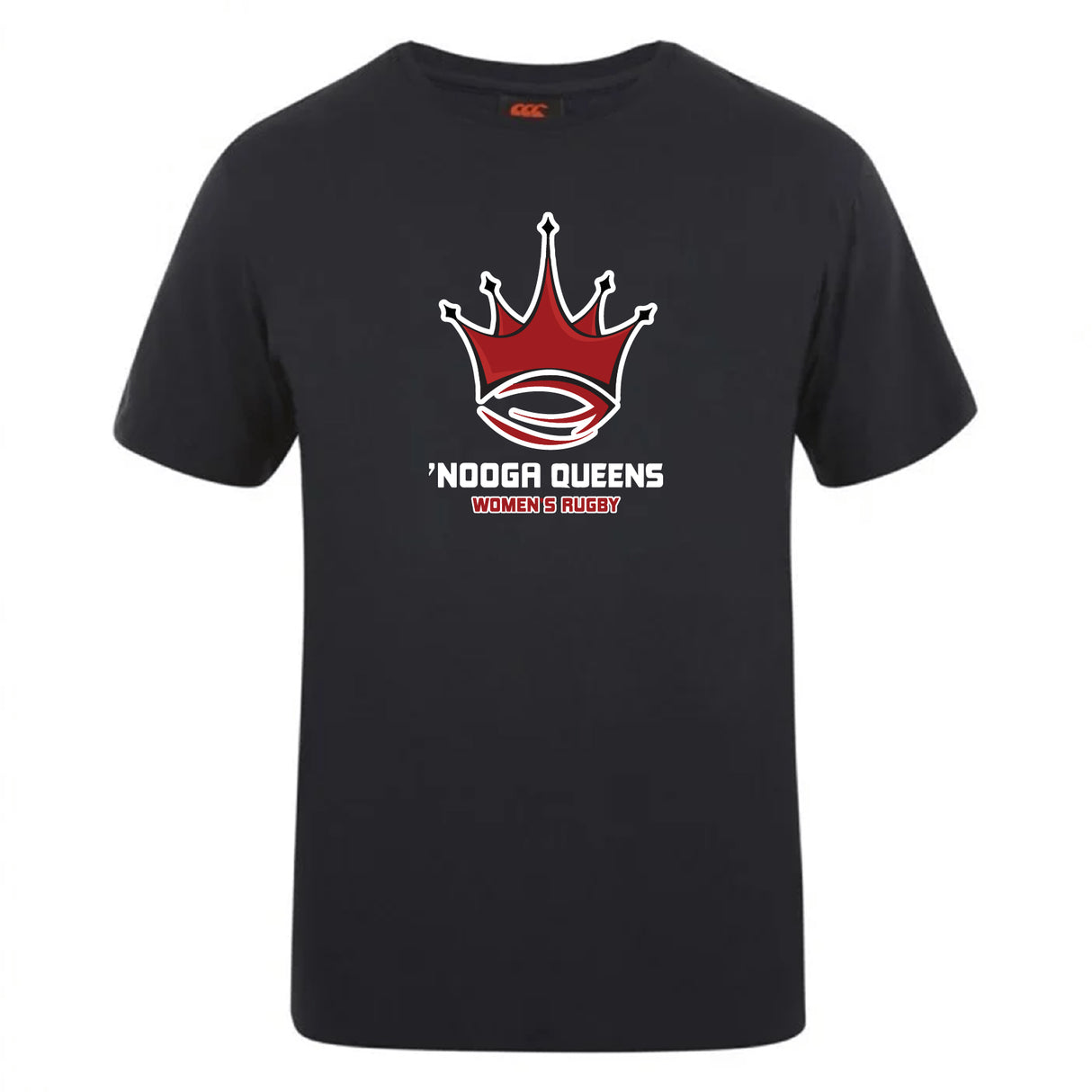 The Chattanooga Queens Rugby Club Plain Tee by WRS Canterbury is a black cotton blend T-shirt featuring a red crown logo with a rugby ball and “NOOGA QUEENS WOMEN’S RUGBY” in white and red on the front—ideal for fans and players.