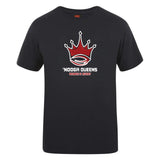 The Chattanooga Queens Rugby Club Plain Tee by WRS Canterbury is a black cotton blend T-shirt featuring a red crown logo with a rugby ball and “NOOGA QUEENS WOMEN’S RUGBY” in white and red on the front—ideal for fans and players.