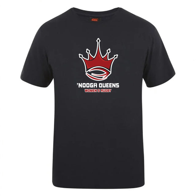 The Chattanooga Queens Rugby Club Plain Tee by WRS Canterbury is a black cotton blend T-shirt featuring a red crown logo with a rugby ball and “NOOGA QUEENS WOMEN’S RUGBY” in white and red on the front—ideal for fans and players.