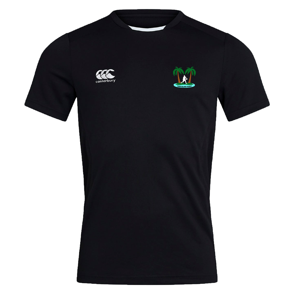 The Twin Island Rugby Club Dry Tee by EMB Canterbury is a black, short-sleeve t-shirt with a white "Canterbury" logo on the right chest, a palm tree island graphic on the left, and features Vapodri Technology for comfort.