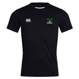 The Twin Island Rugby Club Dry Tee by EMB Canterbury is a black, short-sleeve t-shirt with a white "Canterbury" logo on the right chest, a palm tree island graphic on the left, and features Vapodri Technology for comfort.