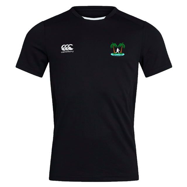 The Twin Island Rugby Club Dry Tee by EMB Canterbury is a black, short-sleeve t-shirt with a white "Canterbury" logo on the right chest, a palm tree island graphic on the left, and features Vapodri Technology for comfort.