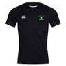 The Twin Island Rugby Club Dry Tee by EMB Canterbury is a black, short-sleeve t-shirt with a white "Canterbury" logo on the right chest, a palm tree island graphic on the left, and features Vapodri Technology for comfort.