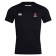 The Chattanooga Queens Rugby Club Dry Tee by EMB Canterbury is a black short-sleeve shirt with a white Canterbury logo on the right chest and a red crown "Woking Debbs" emblem on the left, crafted with Vapodri moisture-wicking technology.