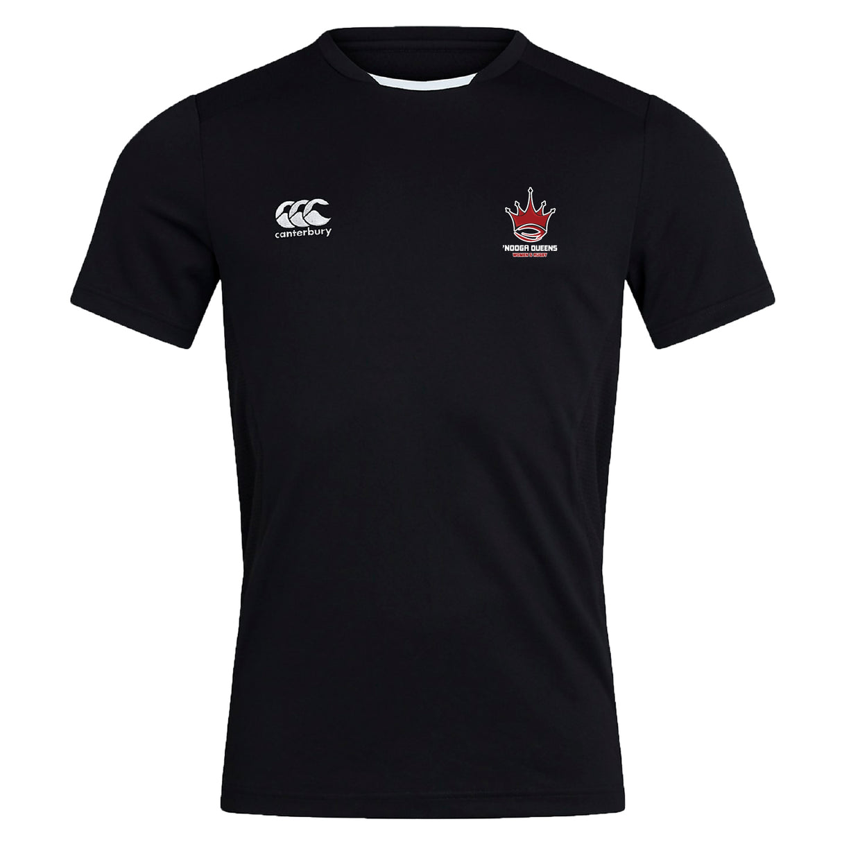 The Chattanooga Queens Rugby Club Dry Tee by EMB Canterbury is a black short-sleeve shirt with a white Canterbury logo on the right chest and a red crown "Woking Debbs" emblem on the left, crafted with Vapodri moisture-wicking technology.