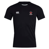 The Chattanooga Queens Rugby Club Dry Tee by EMB Canterbury is a black short-sleeve shirt with a white Canterbury logo on the right chest and a red crown "Woking Debbs" emblem on the left, crafted with Vapodri moisture-wicking technology.