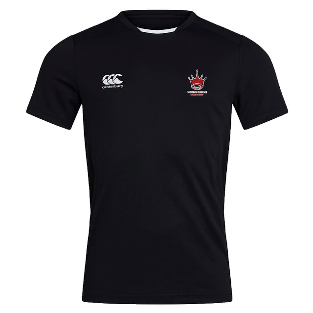 The Chattanooga Queens Rugby Club Dry Tee by EMB Canterbury is a black short-sleeve shirt with a white Canterbury logo on the right chest and a red crown "Woking Debbs" emblem on the left, crafted with Vapodri moisture-wicking technology.