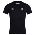 Loudoun Club Dry Tee by Canterbury, in black, showcases a logo on the left chest and an EMB Canterbury logo on the right chest. It's crafted from breathable fabric and incorporates Vapodri Technology for enhanced quick-drying performance.
