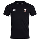 Loudoun Club Dry Tee by Canterbury, in black, showcases a logo on the left chest and an EMB Canterbury logo on the right chest. It's crafted from breathable fabric and incorporates Vapodri Technology for enhanced quick-drying performance.