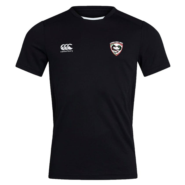 Loudoun Club Dry Tee by Canterbury, in black, showcases a logo on the left chest and an EMB Canterbury logo on the right chest. It's crafted from breathable fabric and incorporates Vapodri Technology for enhanced quick-drying performance.
