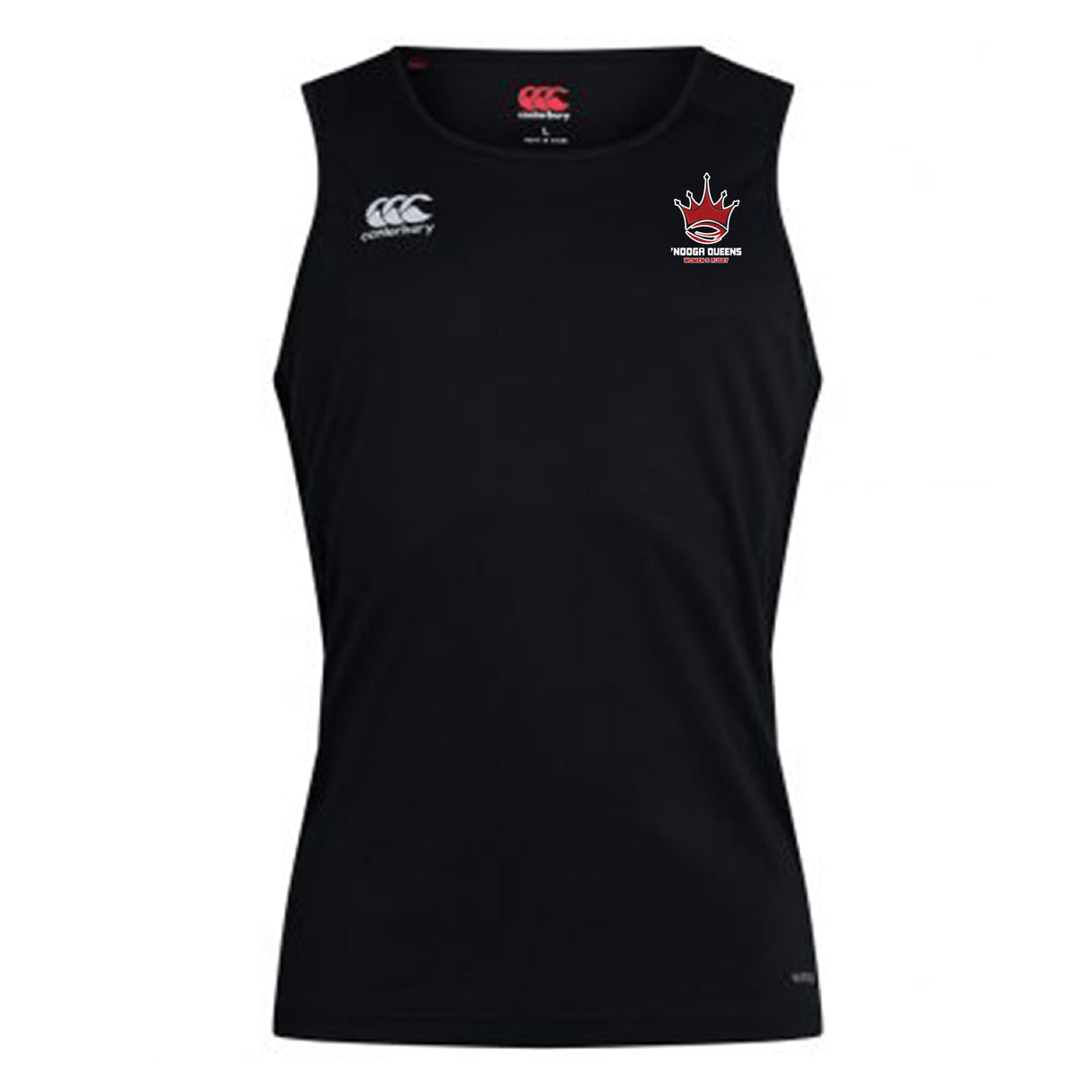 The Chattanooga Queens Rugby Club Dry Singlet by EMB Canterbury features Vapodri Technology, a white Canterbury logo on the right chest, and a red crown with "Tower Queens" on the left—ideal athletic wear for style and performance.