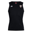 Loudoun Club Dry Singlet by EMB Canterbury is a black sleeveless sports top with a logo on the left chest and a white design on the right shoulders, featuring Vapodri Technology for enhanced comfort during workouts.
