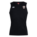 Loudoun Club Dry Singlet by EMB Canterbury is a black sleeveless sports top with a logo on the left chest and a white design on the right shoulders, featuring Vapodri Technology for enhanced comfort during workouts.