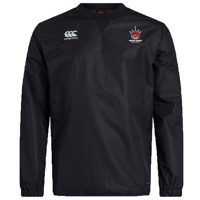The Chattanooga Queens Rugby Club Vaposhield Contact Top by EMB Canterbury is a black long-sleeve top with a round neck, featuring Vaposhield tech, the Canterbury logo on the right chest, and a crowned team crest with text on the left chest.