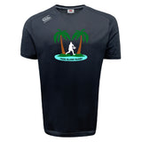 The Twin Island Rugby Tempo Vapodri T-Shirt by WRS Canterbury features two palm trees, a rugby player silhouette, and "Twin Island Rugby" text. Moisture-wicking fabric keeps you cool and comfortable on and off the field.